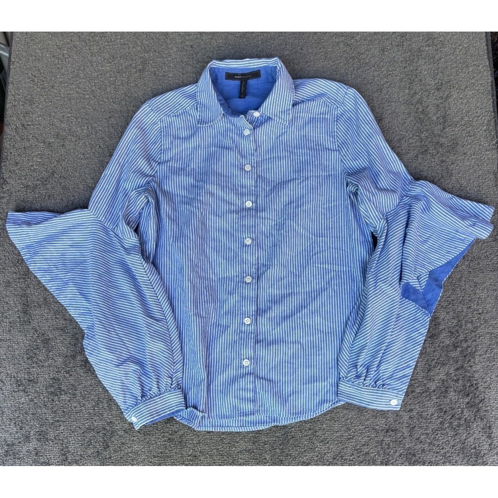 BCBGMAXAZRIA Blouse Women's XS Blue‎ White Striped 100% Cotton Ruffle Sleeve